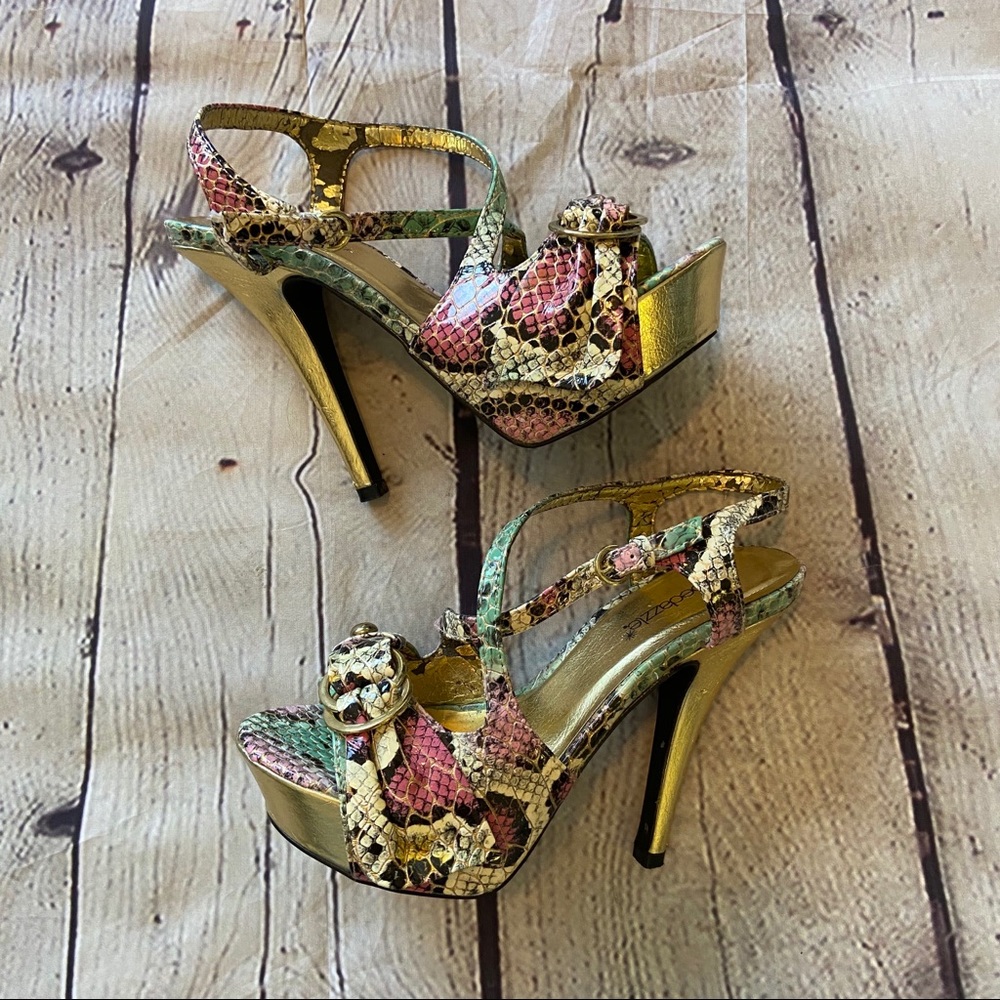 Snake print open toe heels